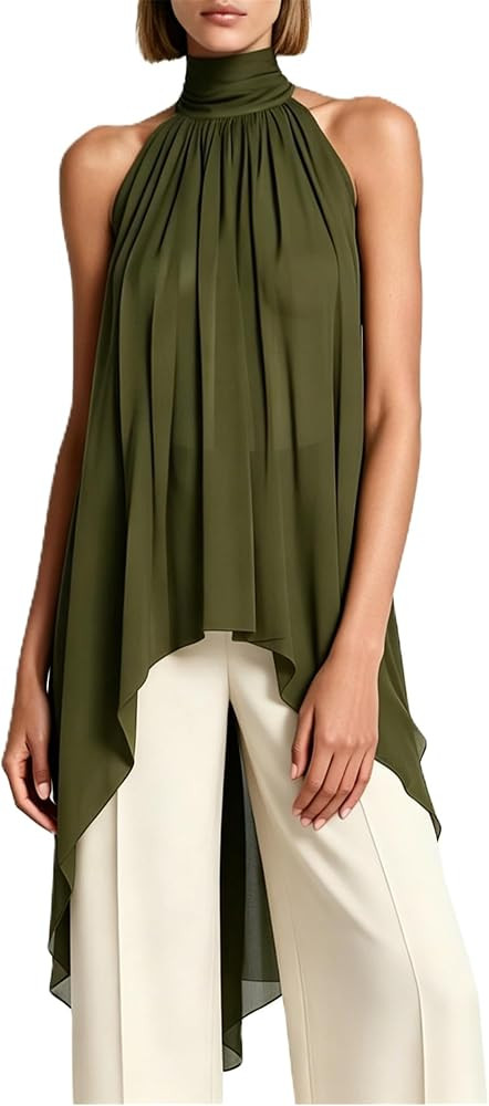 Dressy Halter Tank Tops for Women Sheer Chiffon High Low Tops Bow Tie Mock Neck Sleeveless Asymme... | Amazon (US)