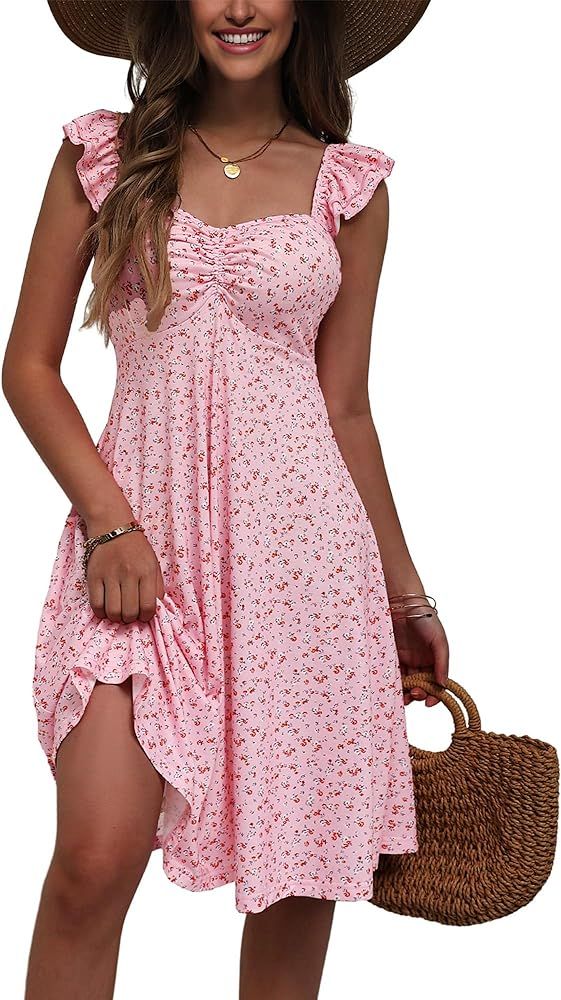 FENSACE Summer Cute Sweetheart Neckline Sundresses Ruffle Sleeve Floral Knee Length Dress | Amazon (US)