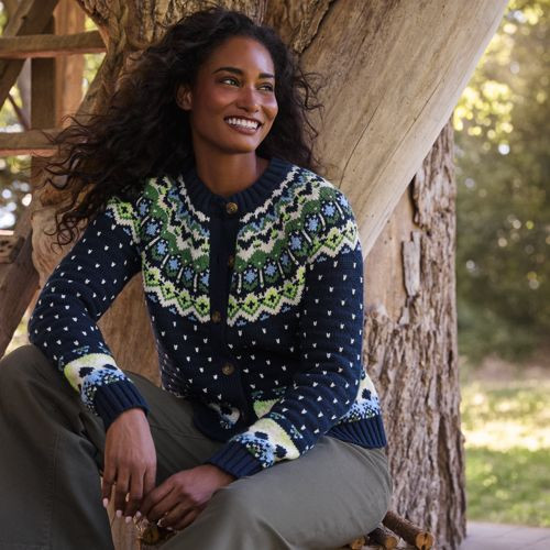Women's Lofty Birdseye Fair Isle Cardigan Sweater - Lands' End - Red - XS | Lands' End (US)