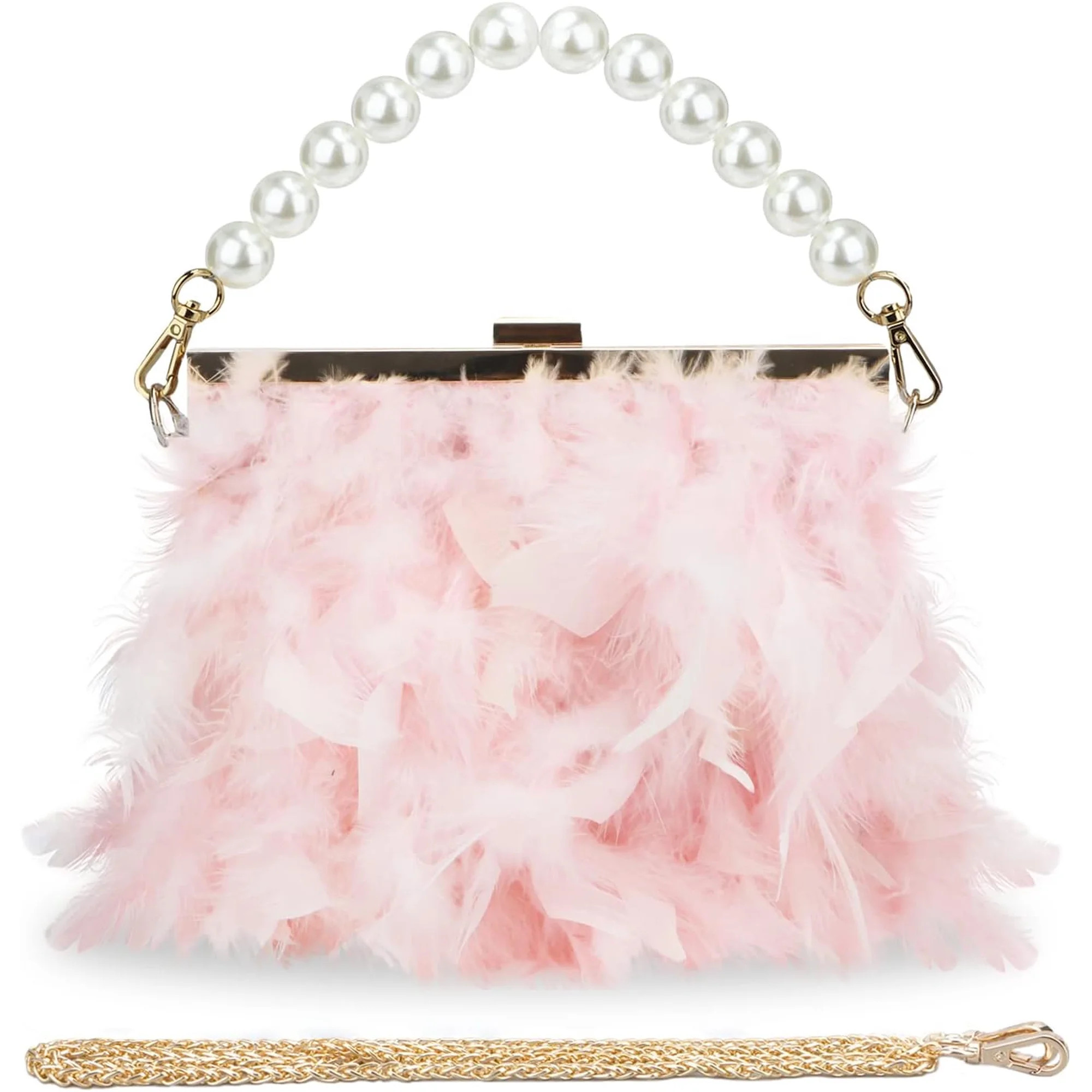 LinYooLi Feather Clutches Purses for Women Bag，Pearl Fluffy Evening Handbags for Wedding Annive... | Walmart (US)