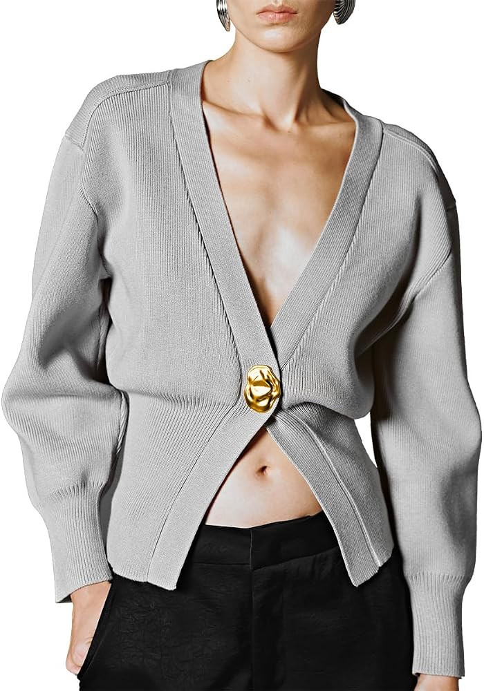 URBAN REVIVO Women Knitted Cardigans Long Sleeve V-Neck Lightweight Sweater One Leaf Button Down ... | Amazon (US)