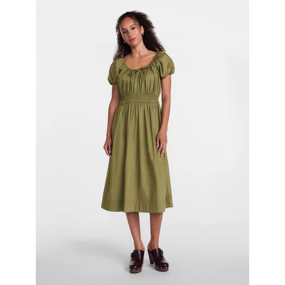 Scenario Women's and Women's Plus Smocked Waist Peasant Midi Dress with Puff Sleeves, Sizes XS-4X | Walmart (US)