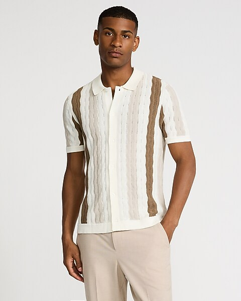 Textured Wavy Striped Cotton-Blend Short Sleeve Sweater Polo | Express