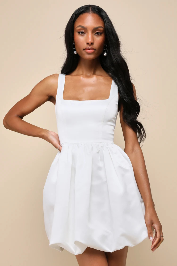 Regal Cutie White Satin Square Neck Bubble-Hem Mini Dress | Lulus