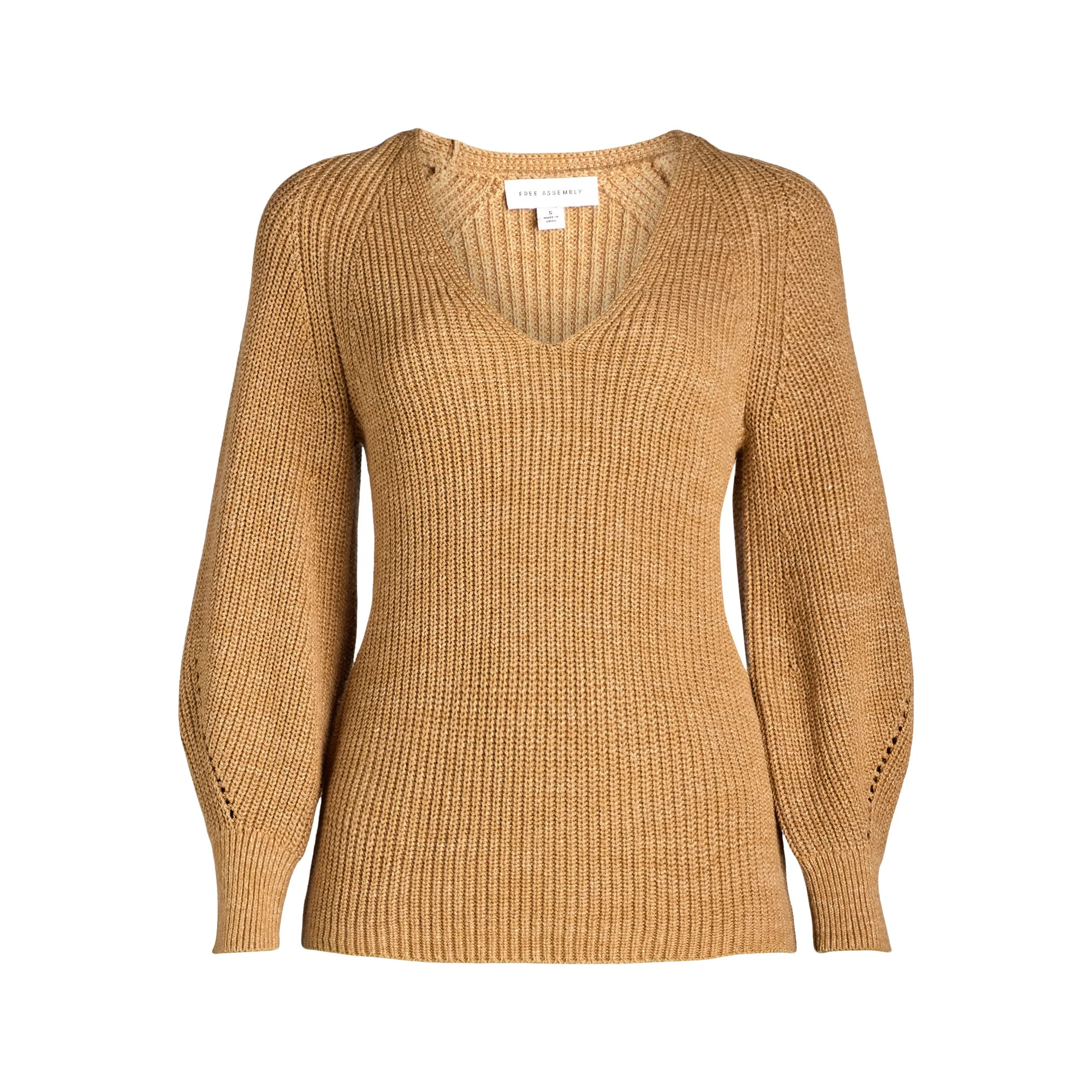Free Assembly Women's V-Neck Sweater with Long Puff Sleeves, Midweight, Sizes XS-XXL | Walmart (US)