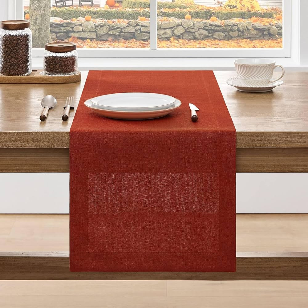 ZeeMart Linen Textured Border Table Runner, 14 x 72 Inch Orange, Farmhouse Style Burnt Orange Fal... | Amazon (US)