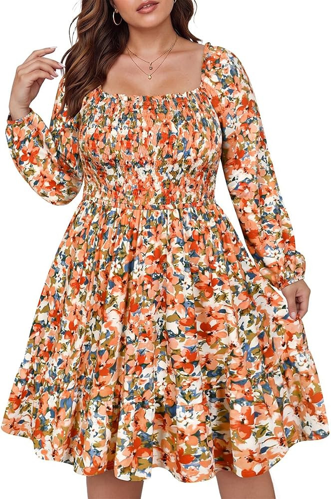 RITERA Plus Size Mini Dress, Square Neck Puff Sleeve A-Line Casual | Amazon (US)