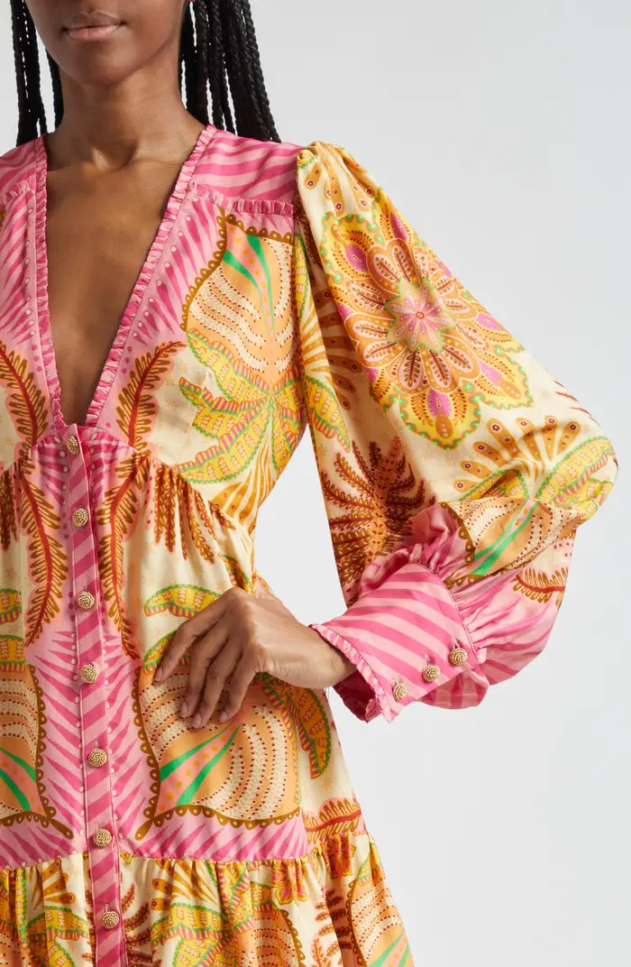 FARM Rio Palm Scarf Long Sleeve Button Front Minidress | Nordstrom | Nordstrom