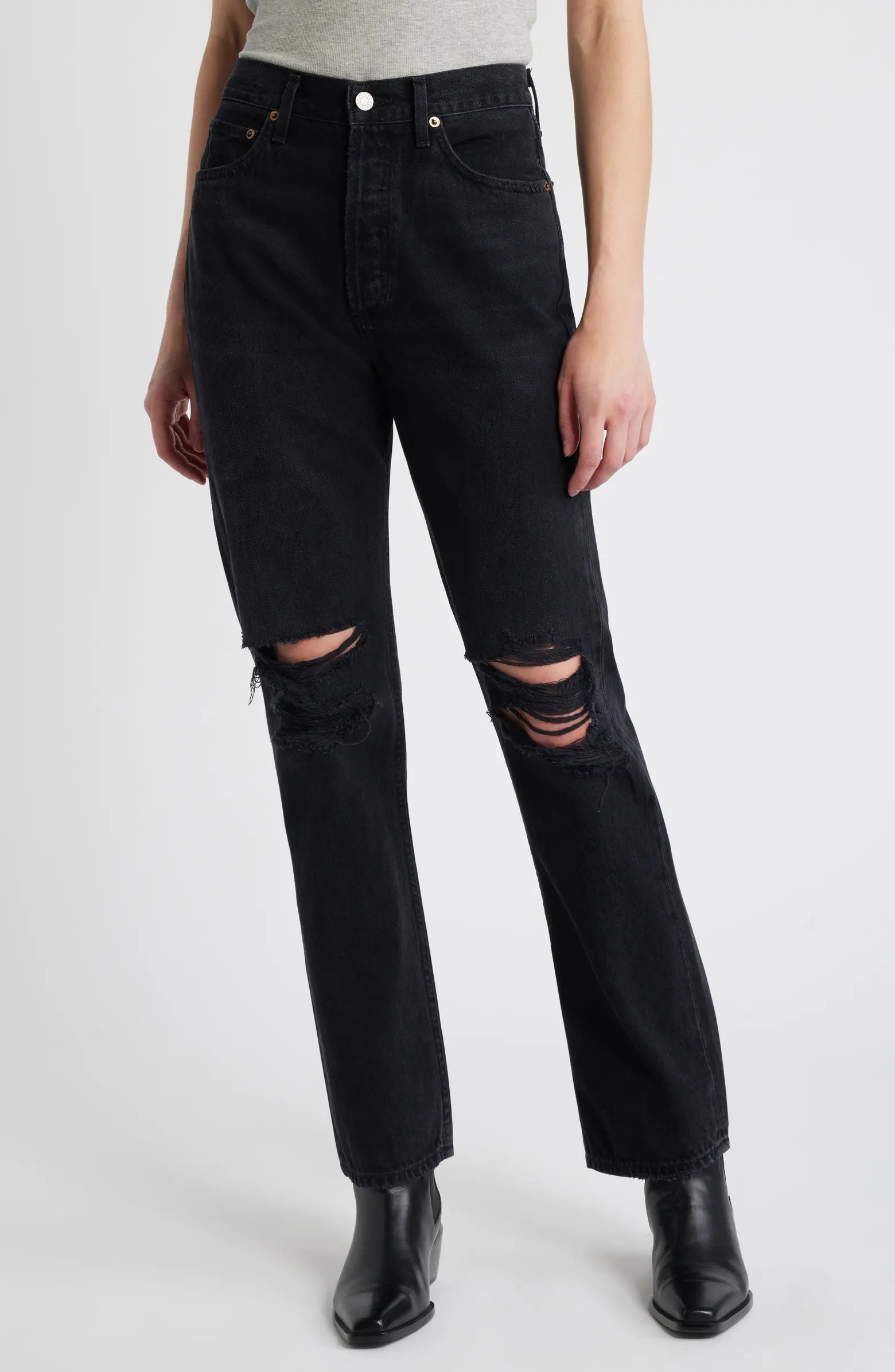 '90s Pinch Waist Ripped High Waist Straight Leg Jeans | Nordstrom