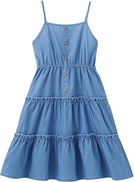 OYOANGLE Girl's Button Front Spaghetti Strap Frill Trim Ruffle Hem Denim Cami Dress | Amazon (US)