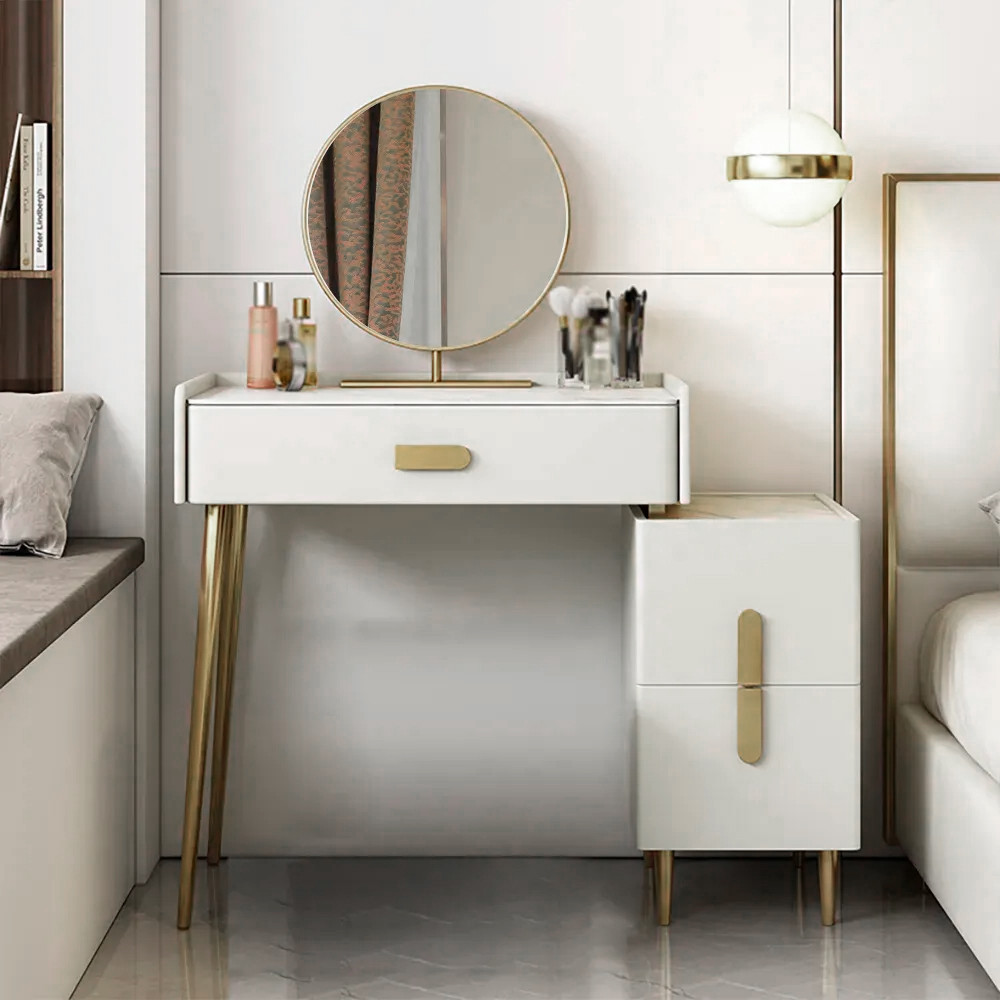 Modern Off-white Makeup Vanity Table with Mirror & Side Table | Homary.com