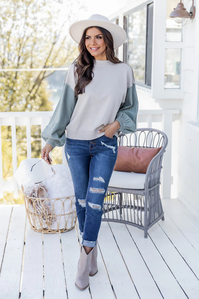 Longing For Fall Beige Colorblock Mock Neck Sweater FINAL SALE | Pink Lily