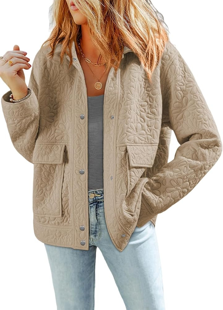 Dokotoo Jackets for Women Casual Long Sleeve Collared Jacquard Coats Trendy Button Down Shacket J... | Amazon (US)