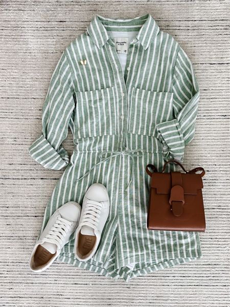 Spring outfit with linen blend romper paired with sneakers and accessories for a casual look. Can be dressed up with sandals. Love this romper because it has a cinched tie waist, pockets and I love the shirt collar. Comes in a few colors

#LTKSeasonal #LTKstyletip