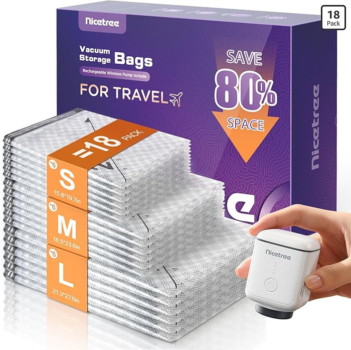 Nicetree 18-Pack Wireless Vacuum Storage Bags with Rechargeable Pump | 3 Sizes (20/24/28 Inch) Tr... | Amazon (US)