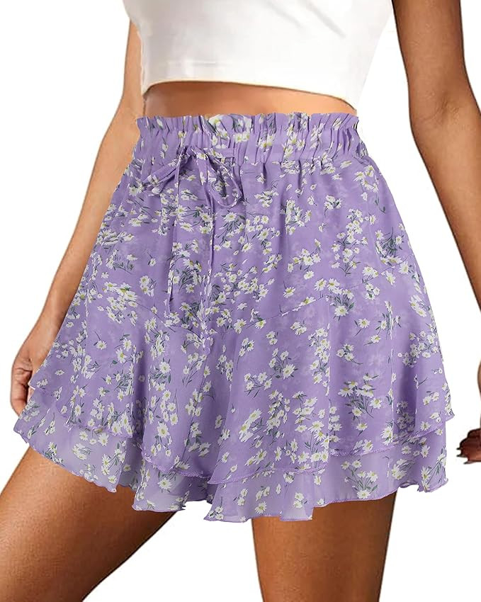 Mini Skirts for Women 2025 Casual Boho Floral Skorts Layered Hem A-Line Tennis Chiffon Shorts | Amazon (US)