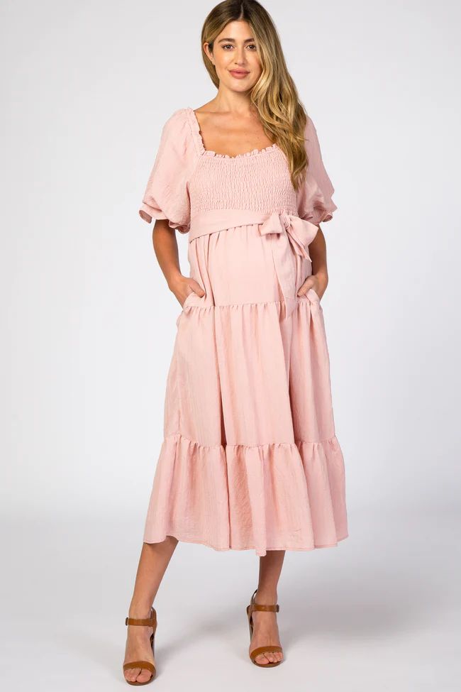 Pink Smocked Tiered Maternity Dress | PinkBlush Maternity