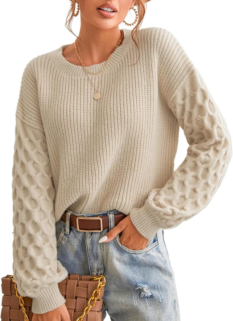 CUPSHE Women's Sweater Long Sleeve Crewneck Sweaters Cable Knit Jumper Tops | Amazon (US)