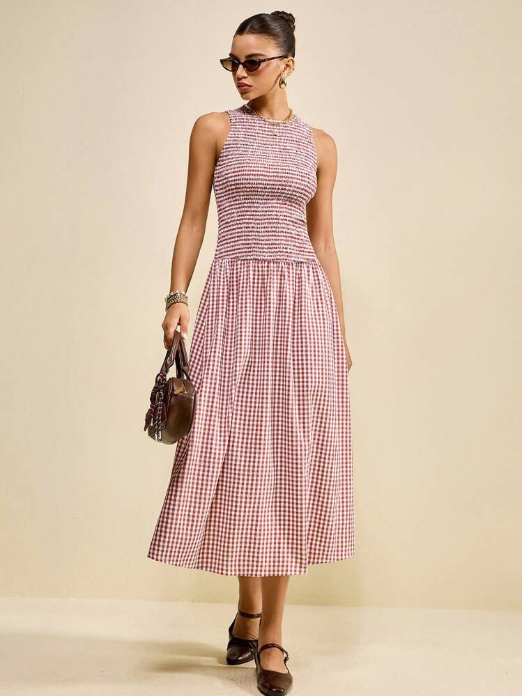 Muvela Women's Plaid Sleeveless Dress, Casual Checkered Loose Long Dress, Dignified Dress, Elegant Dress For Outdoor Wear | SHEIN