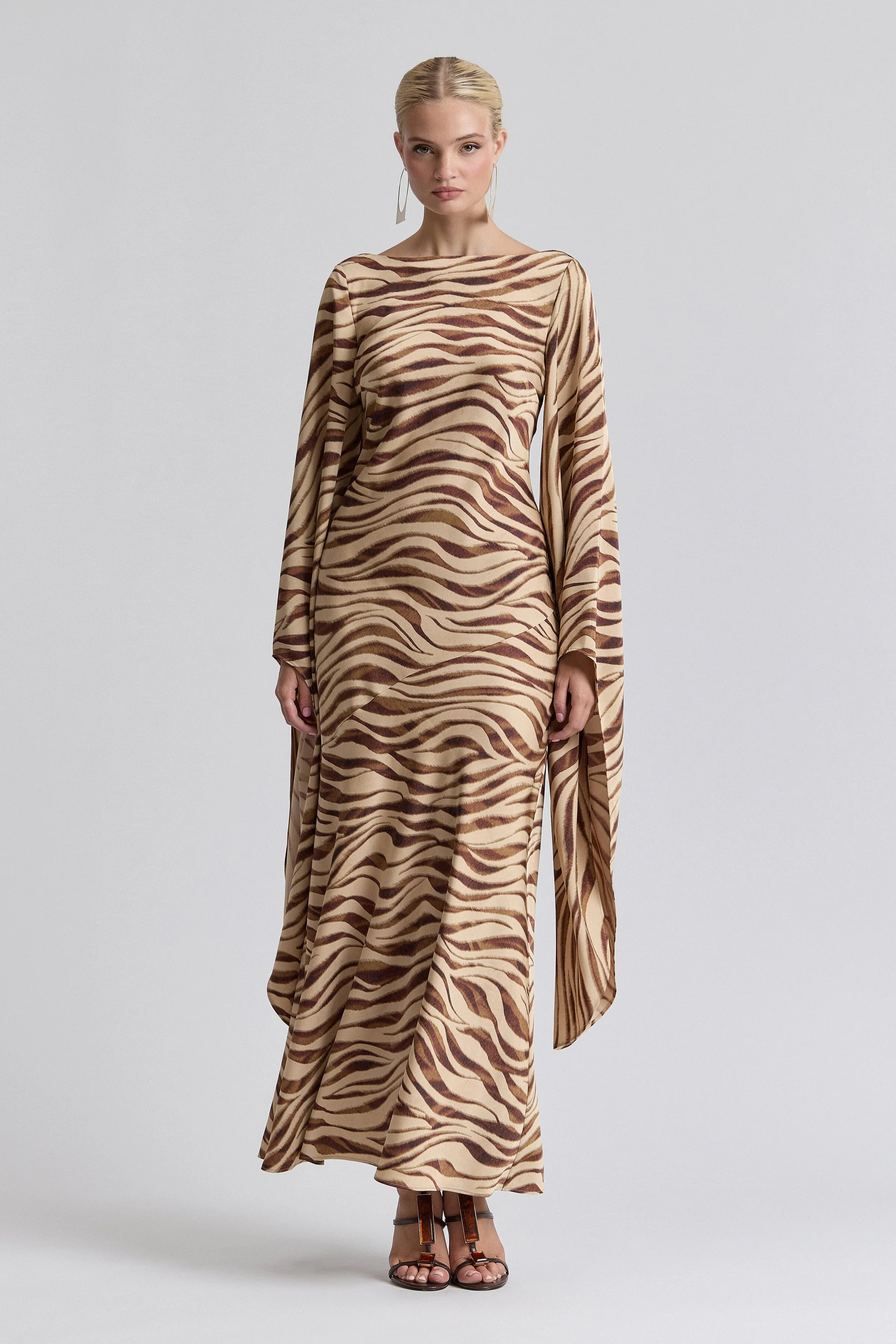 Statement Sleeve Zebra Print Satin Maxi Dress | Avec Les Filles