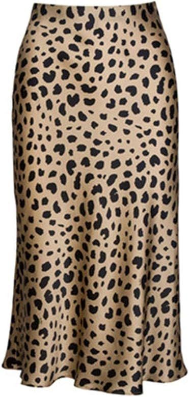 Leopard Midi Skirt Plus Size for Women High Waist Silk Satin Elasticized Skirts | Amazon (US)