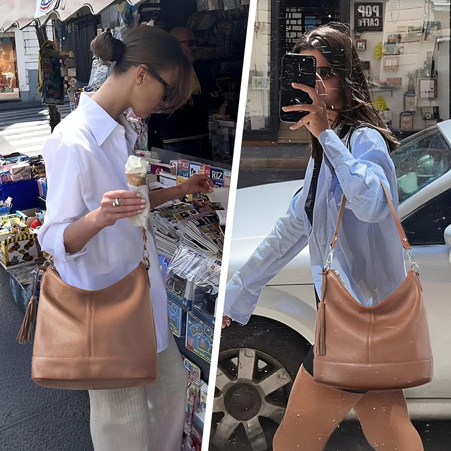 Genuine Leather Hobo Crossbody Bag for Women, Soft Real Leather Bucket, Shoulder Handbag Purse wi... | Amazon (US)