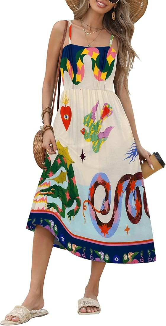 Zeagoo Women's Summer Casual Boho Sundress Spaghetti Strap Square Neck Flowy Midi Dresses A Line ... | Amazon (US)