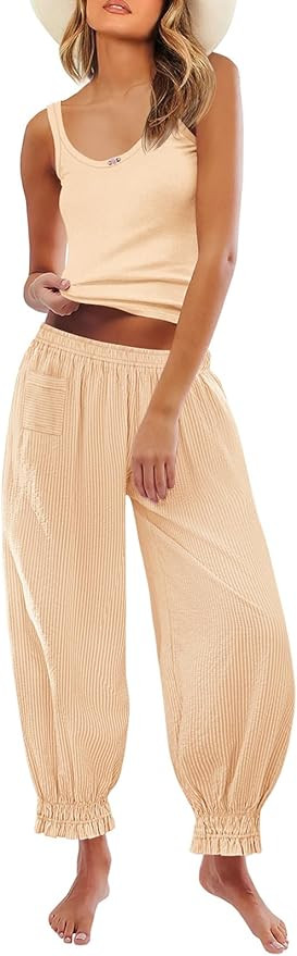 Tankaneo Womens 2 Piece Sets Summer Outfits Sleeveless Rib Tank Top Striped Wide Leg Smocked Hare... | Amazon (US)