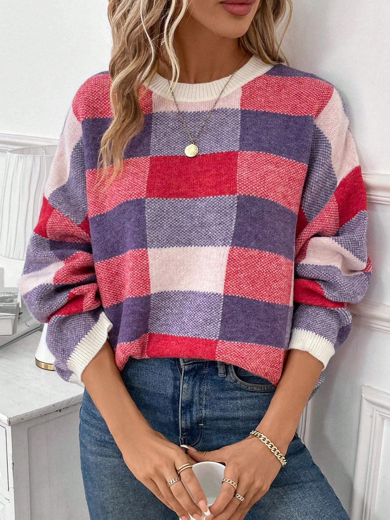 SHEIN Frenchy Plaid Pattern Drop Shoulder Sweater | SHEIN