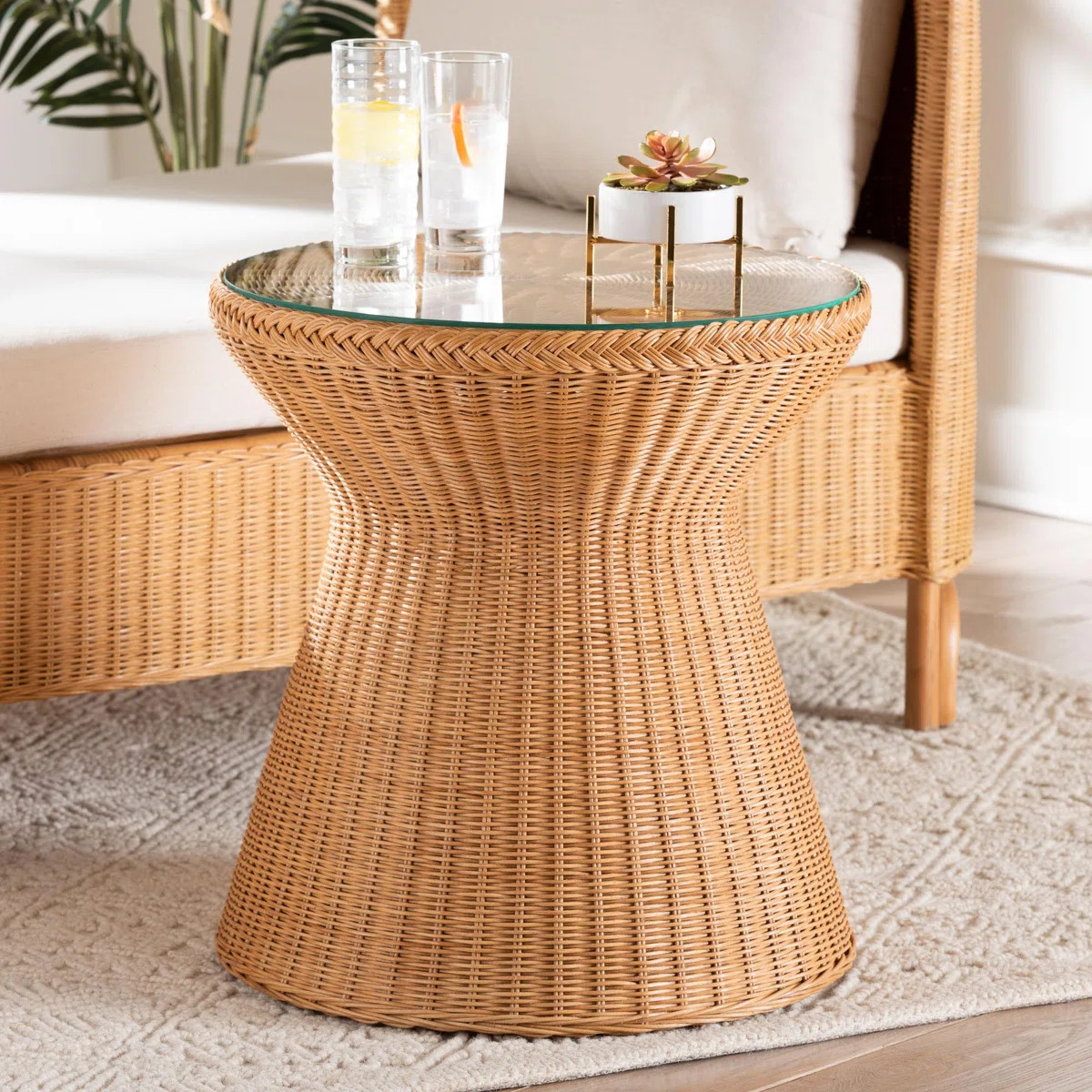 Bethyl Bali & Pari Nina Bohemian Light Honey Braided Rattan End Table With Glass Tabletop | Wayfair North America