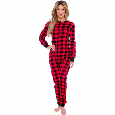 Silver Lilly Slim Fit Women's "Oh Deer" Buffalo Plaid One Piece Pajama Union Suit with Butt Flap | Target