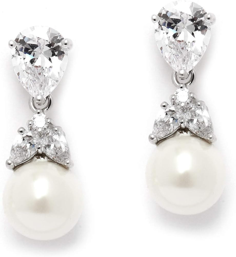 Clip-On or Pierced Pear Shaped Cubic Zirconia and Simulated Pearl Drop Bridal Wedding Earrings | Amazon (US)