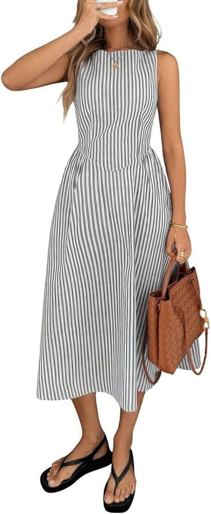 ebossy Women's Retro Drop Waist Flared Sundress Sleeveless Striped Puff Hip Casual A-Line Maxi Dr... | Amazon (US)