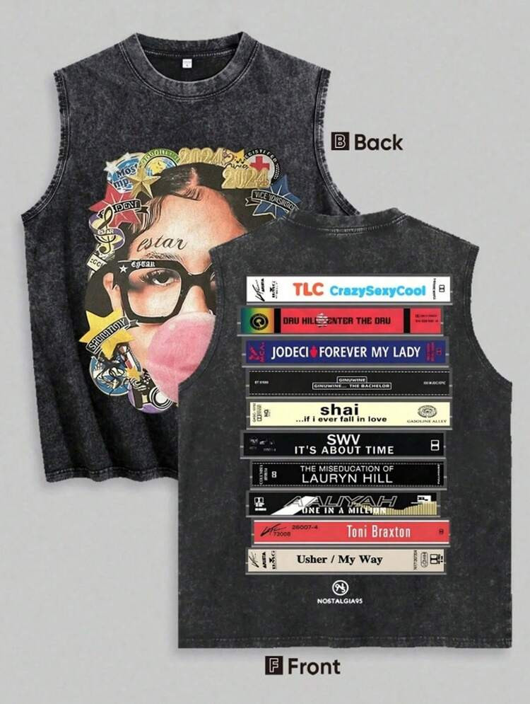 Men's Vintage Washed Tank Top, 90s R&B Hip Hop Cassette Tape Graphic Sleeveless Tee, Retro Nostal... | SHEIN