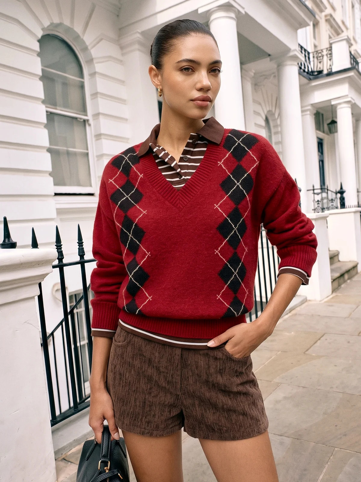 V-Neck Argyle Knit Sweater | Commense