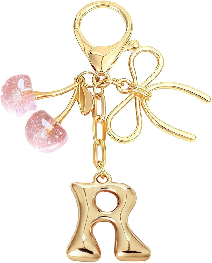 Snycler Bubble Initial Keychain with Bow & Cherry - Gold Letter Bag Charms for Women, Cute Purse ... | Amazon (US)