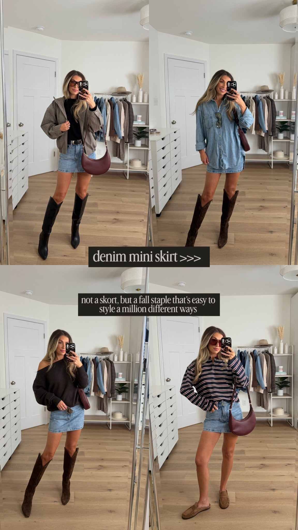 4 ways to style a denim mini skirt 🍂✨🧺 pro tip (especially if you’re also in your toddler mom era) add biker shorts underneath!!! I’ll grabb a tan, nude or white pair and then I don’t have to worry about bendingg over, picking up banks and moving about! I’m wearing a 24!

#LTKootd #LTKSeasonal #LTKmomlife