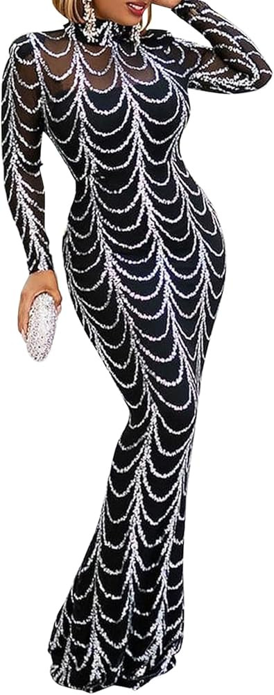 dasmzper Sexy Elegant Long Sleeve Printed Stripe Formal Party Cocktail Evening Bodycon Maxi Dress | Amazon (US)