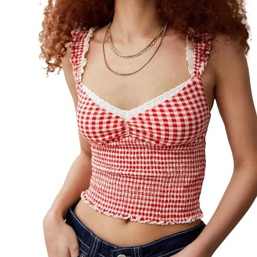 Women Y2k Gingham Tank Top Sleeveless Smocked Tank Tops Plaid Camisole Ruffle Hem Peplum Tops Summer Streetwear Red | Amazon (US)