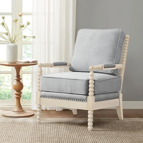 Madison Park Accent Chairs for Living Room Farmhouse Modern Armchair, Solid Wood, Antiqued Finish, Upholstered Seat Removable, Bedroom Lounge for Reading, 25.5" W, Light Blue/Antique Cream | Amazon (US)