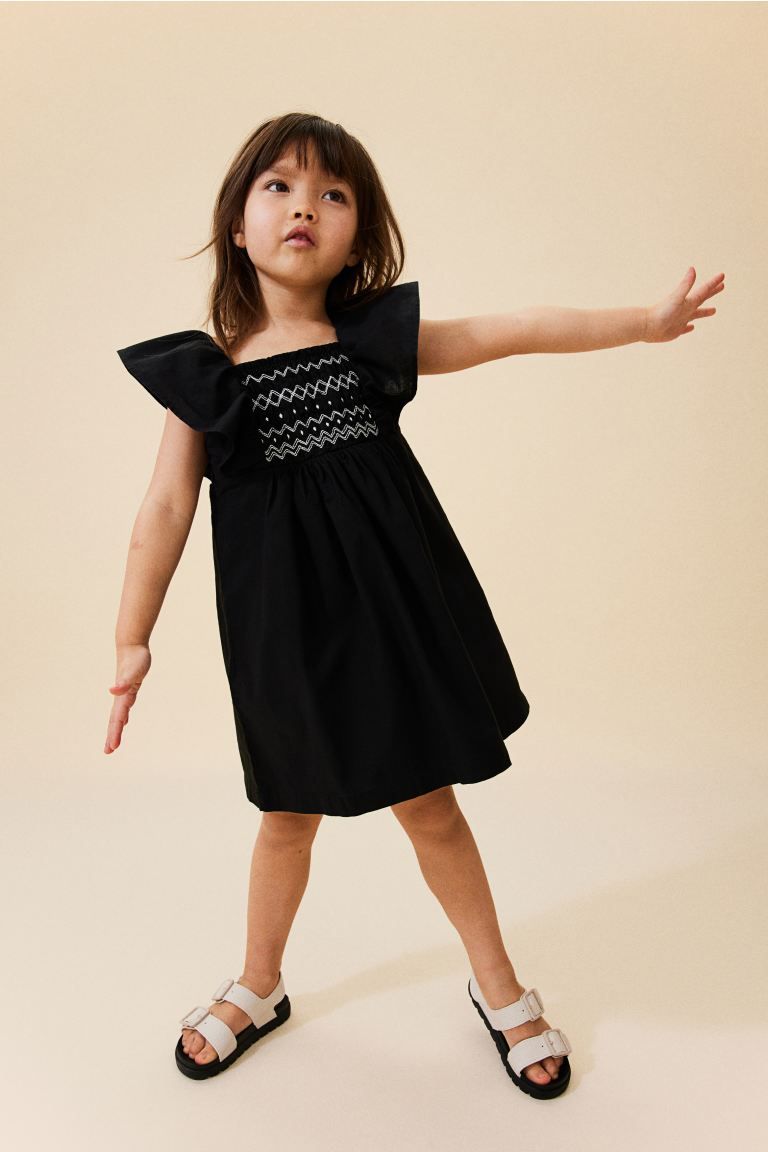 Smock-detail Cotton Dress - Black/white - Kids | H&M US | H&M (US + CA)