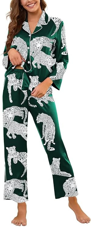 Brosloth Womens Silk Pajamas Long Sleeve Button Down Animal Print Cute Pjs Set Satin Pajama Set S... | Amazon (US)
