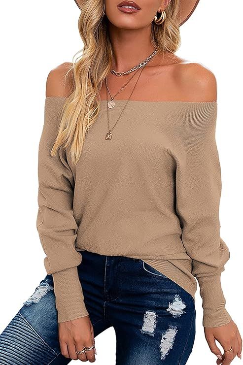 Women's Off Shoulder Sweater Long Sleeves Pullover Loose Fit Knit Jumper Boat Neck Batwing Sweate... | Amazon (US)