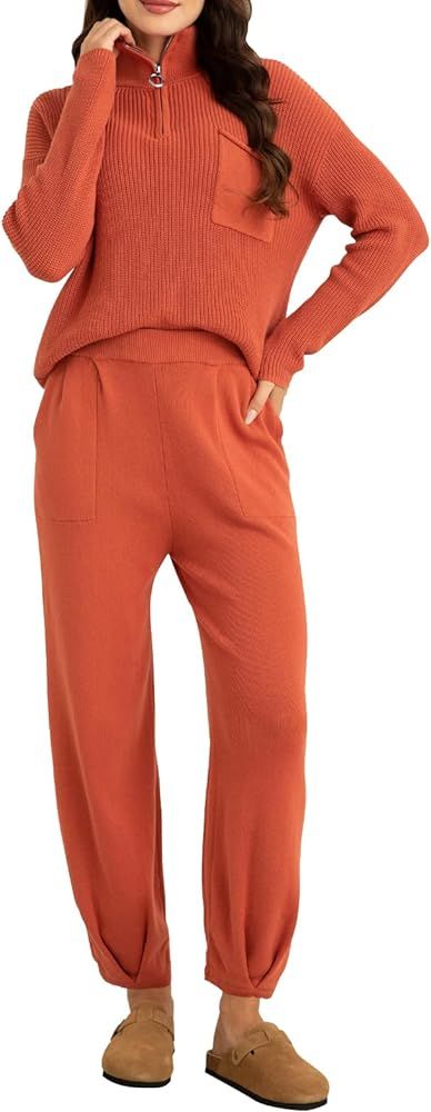 softome Women's 2 Piece Outfits Sweater Set Long Sleeve 1/4 Zip Knit Pullover Top Casual Pants Tr... | Amazon (US)