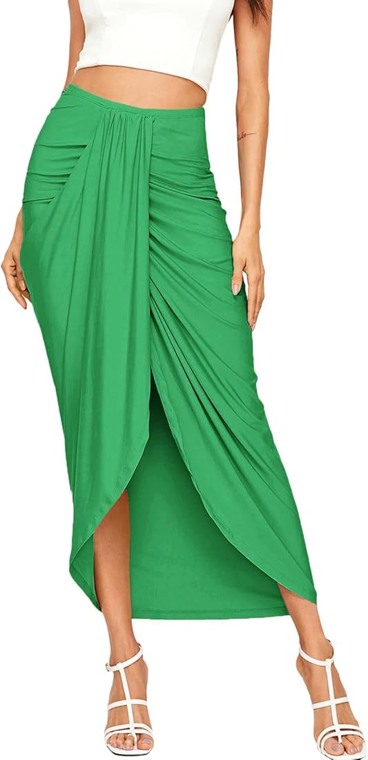 SheIn Women's Casual Slit Wrap Asymmetrical Elastic High Waist Maxi Draped Skirt | Amazon (US)