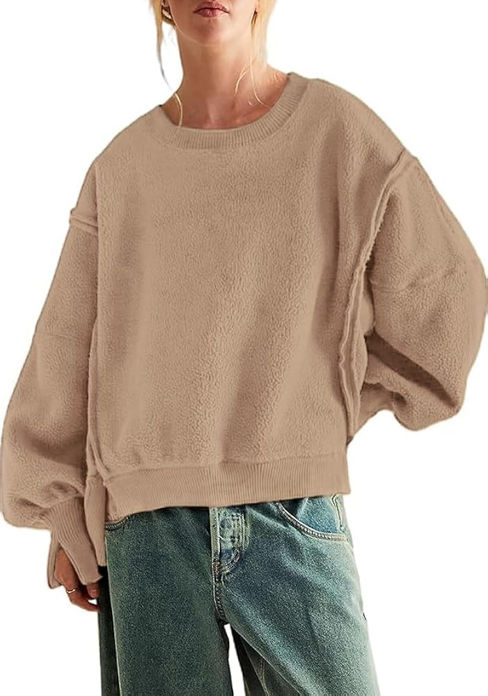 Women’s Oversized Crewneck Fuzzy Fleece Sweatshirts Fall Winter Warm Trendy Patchwork Sherpa Pu... | Amazon (US)