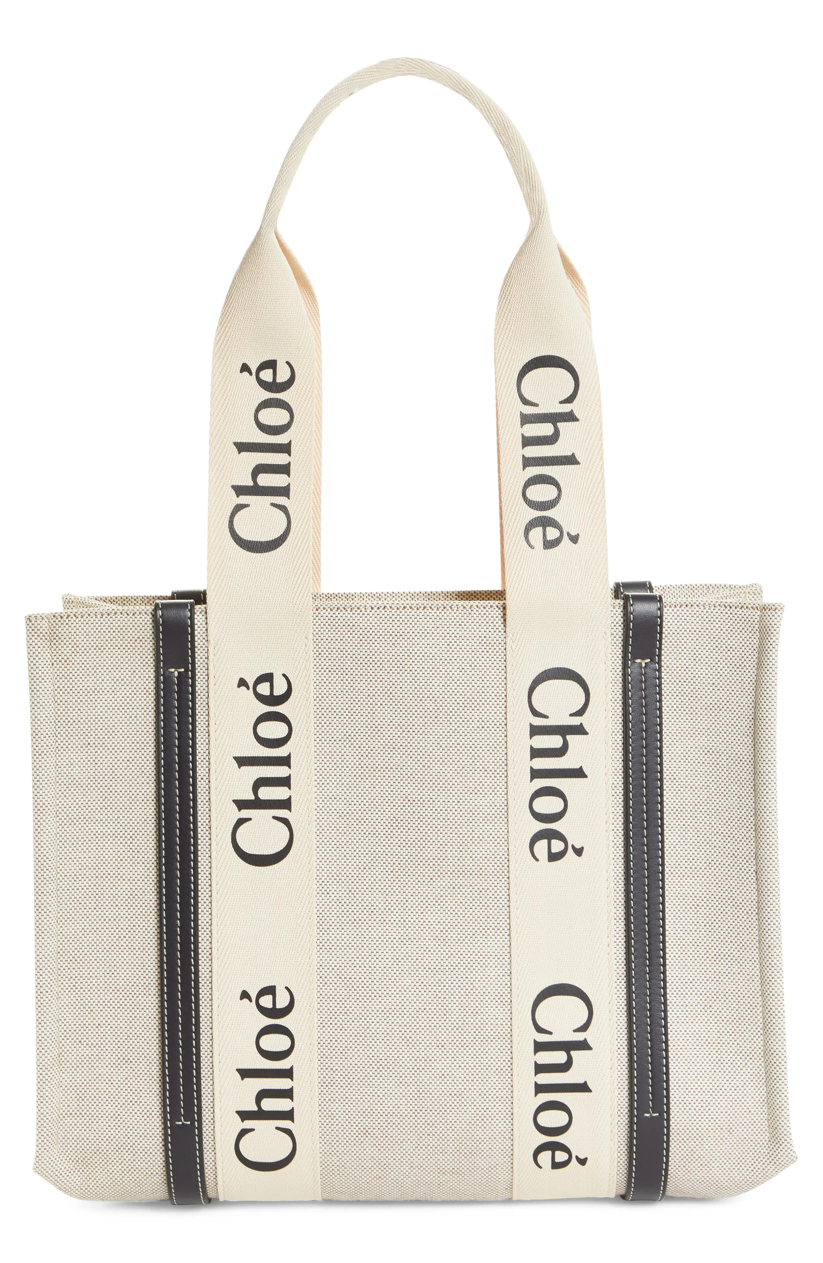 Chloe Medium Woody Logo Strap Canvas Tote in White - Blue 1 at Nordstrom | Nordstrom