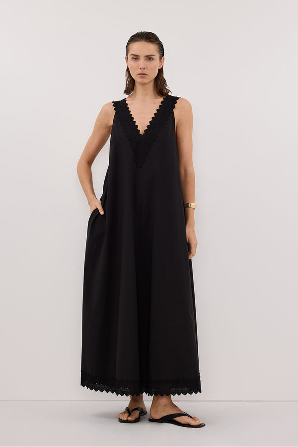 ANNABEL BLACK SLEEVELESS V NECK MIDI DRESS | DISSH