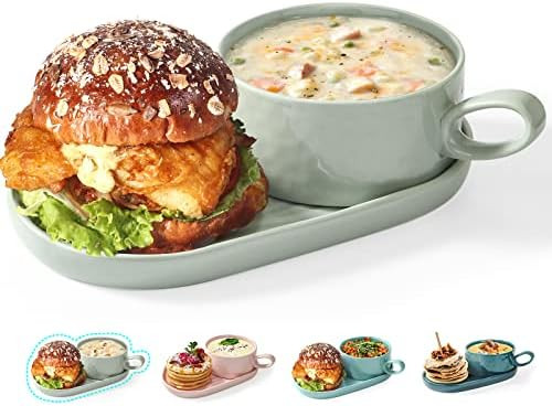 Artena Solid Soup and Sandwich Plate Combo, 16 oz Soup Bowls/Mugs/Cups with Handles in 9.85-inch ... | Amazon (US)