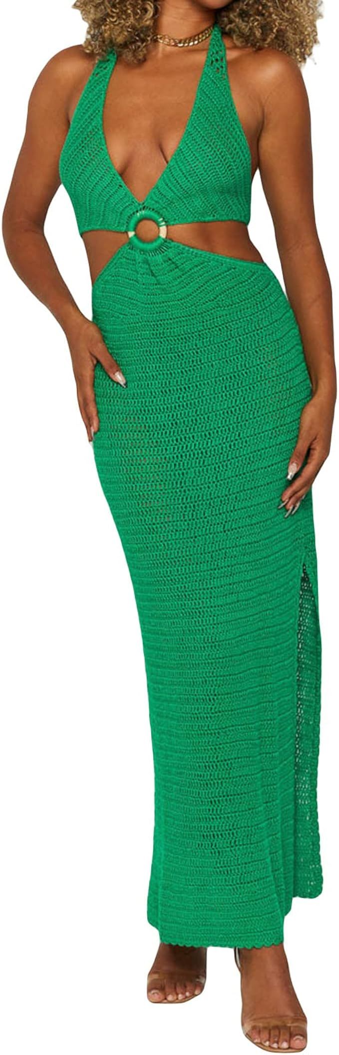 Women Cutout Knitted Long Dress Casual Sleeveless Crochet Halter Bodycon Dress Summer Backless Sp... | Amazon (US)